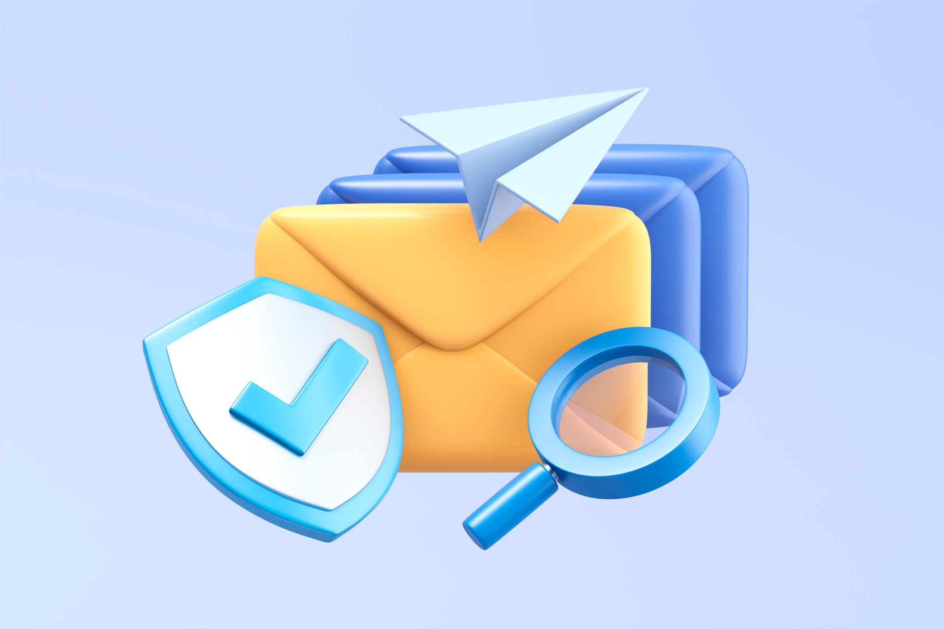 Email Security and Communication Concept with Shield and Magnifying Glass