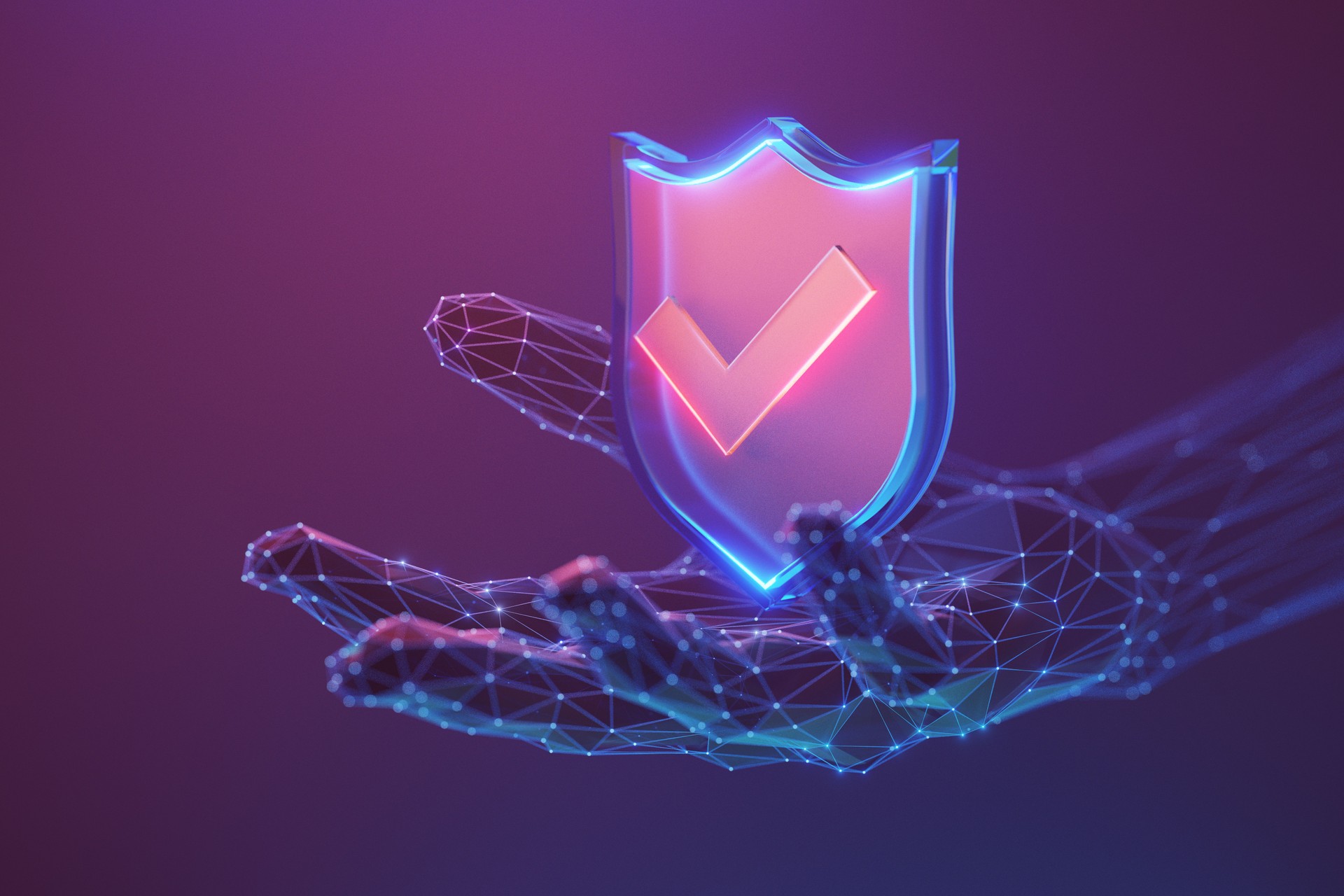 Protection and safety concept.  Glowing 3d shield icon with check mark symbol on the abstract human hand made with atom array and plexus effect